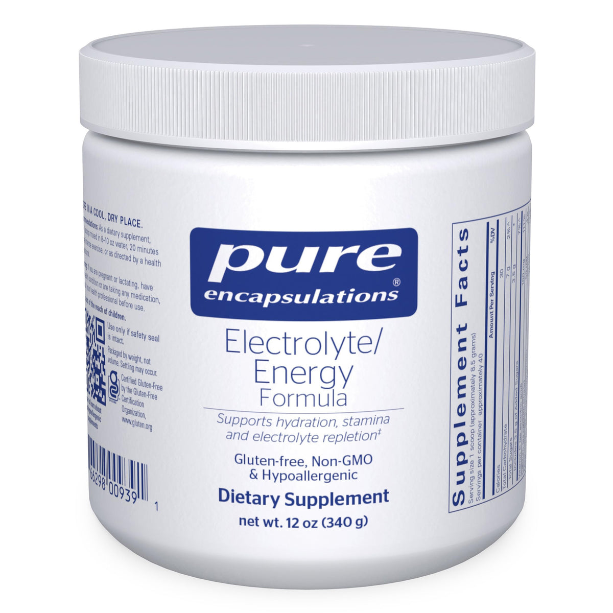 Pure Encapsulations Electrolyte/Energy Formula bottle shows a clean hydration-focused label.