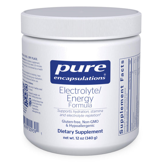 Pure Encapsulations Electrolyte/Energy Formula bottle shows a clean hydration-focused label.