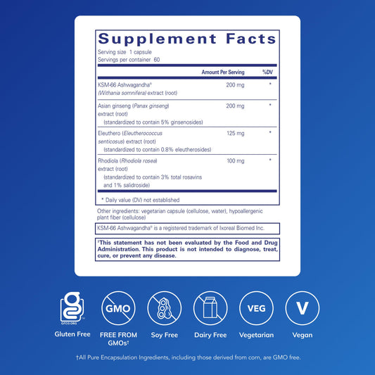 Pure Encapsulations Energy Xtra capsules highlighting adaptogenic blend for stamina.