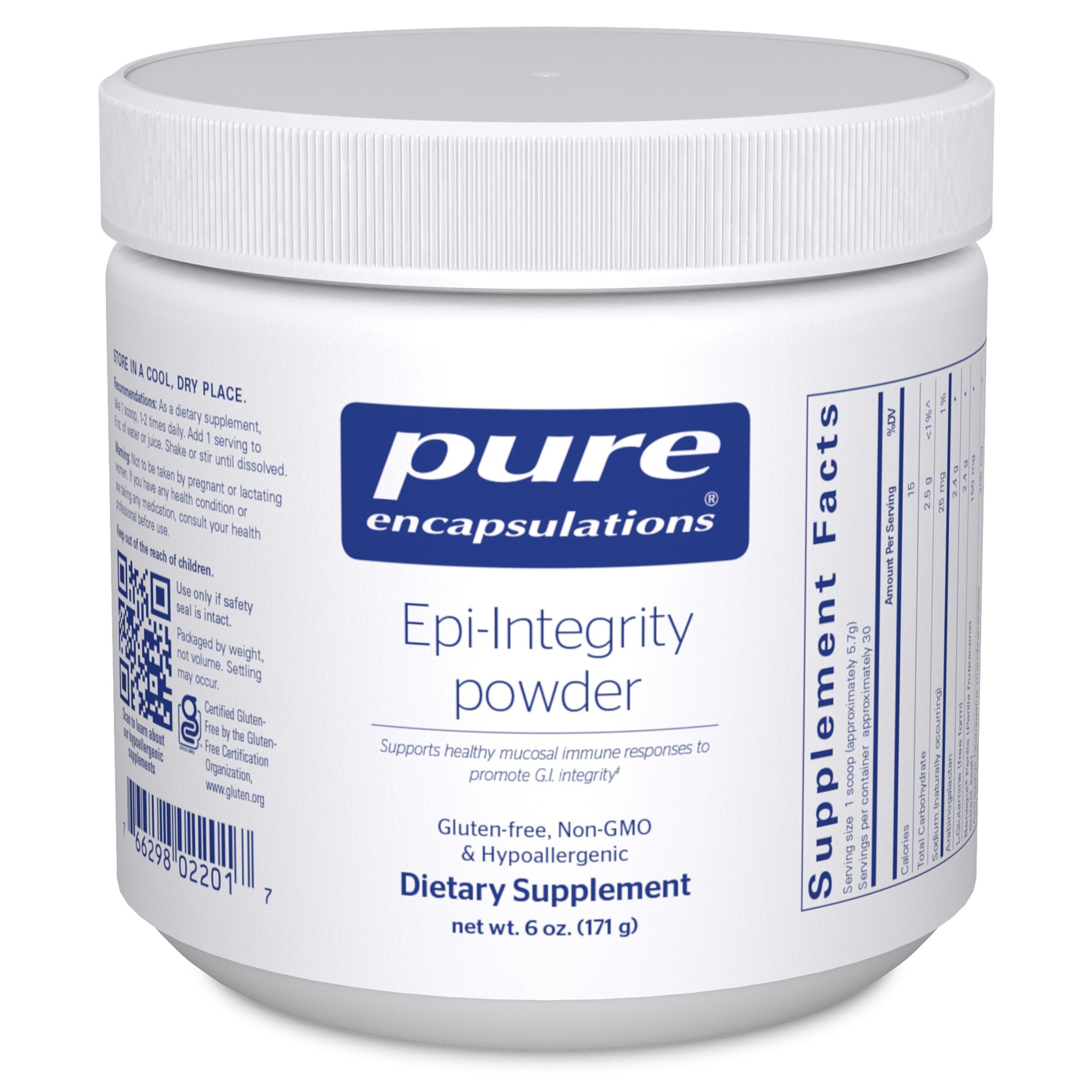 Pure Encapsulations Epi-Integrity Powder bottle highlighting GI support and mucosal health.