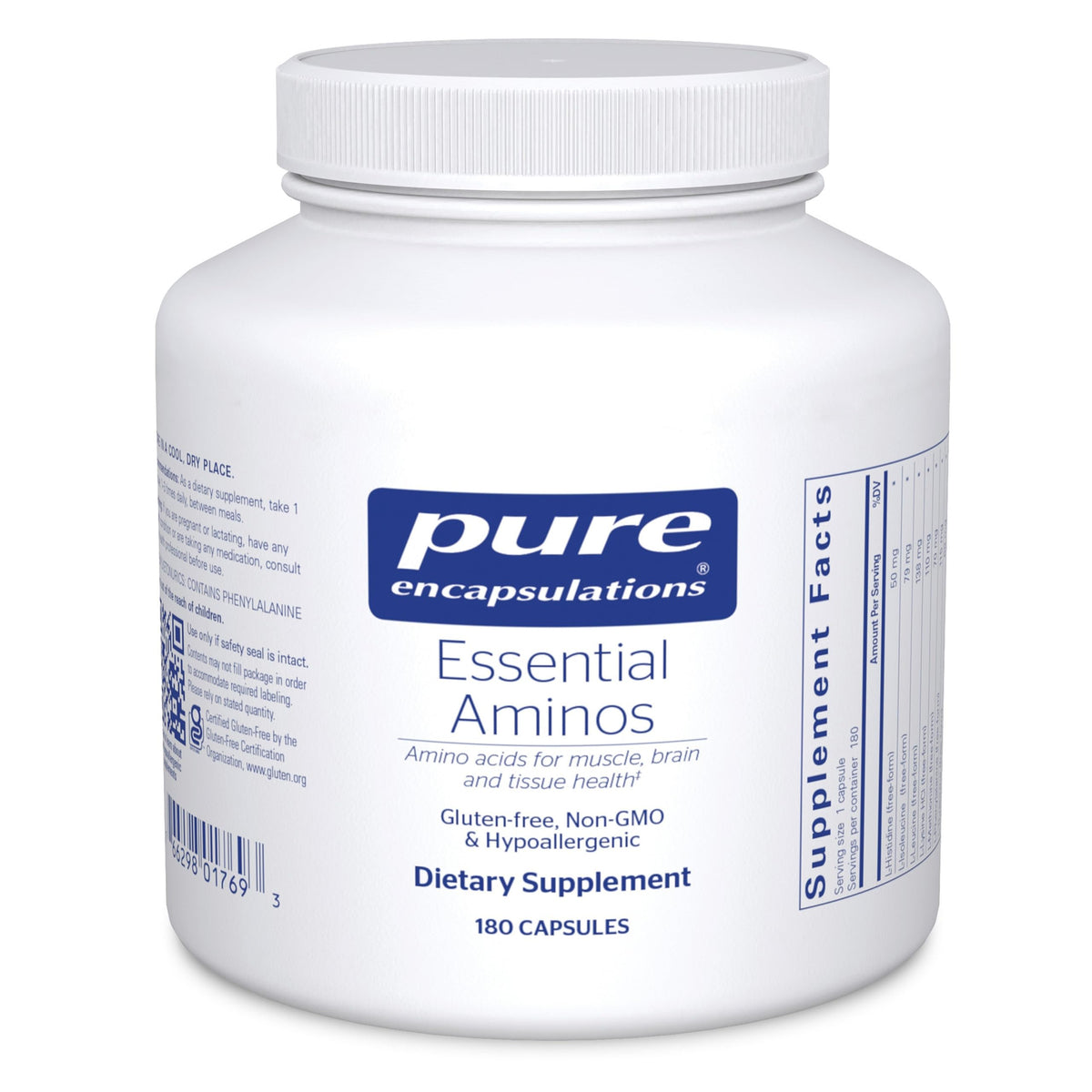 Pure Encapsulations Essential Amino Acids bottle shows a complete amino profile for daily support