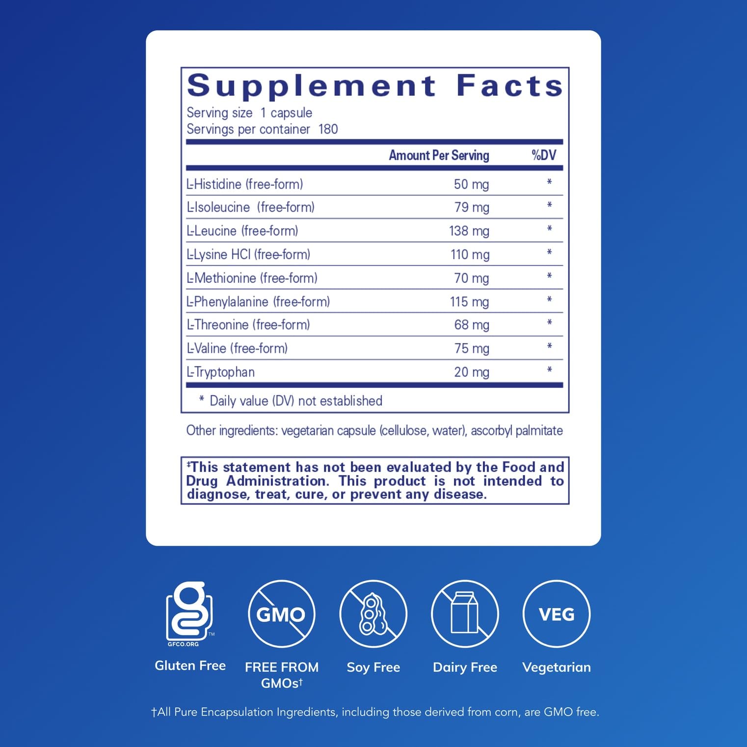 Pure Encapsulations Essential Amino Acids label features a clean, allergen-conscious formulation