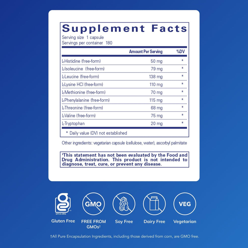 Pure Encapsulations Essential Amino Acids label features a clean, allergen-conscious formulation