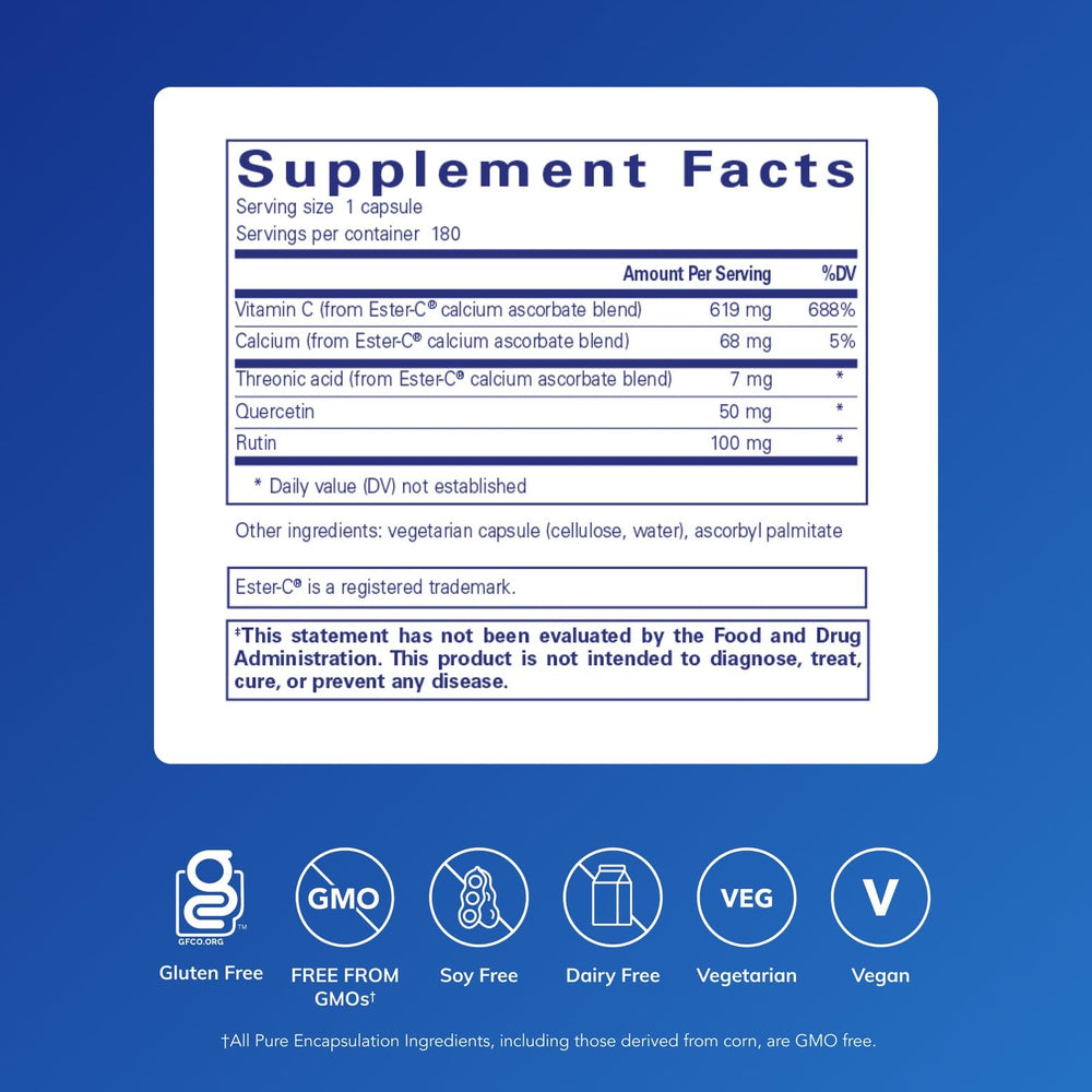 Pure Encapsulations Ester-C & Flavonoids bottle back—calcium and rutin for vascular support.