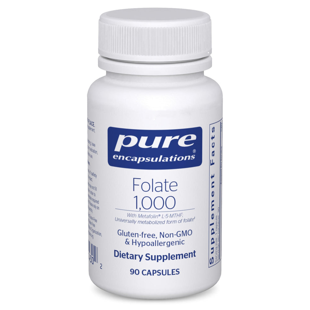 Pure Encapsulations folate bottle with 1000 mcg L-5-MTHF for daily support.
