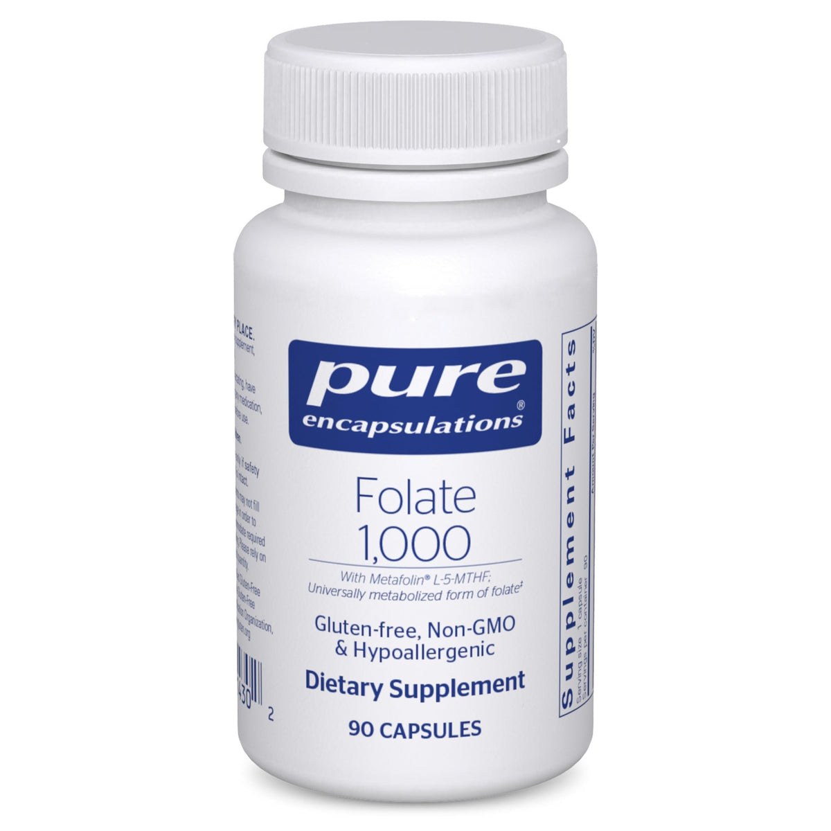 Pure Encapsulations folate bottle with 1000 mcg L-5-MTHF for daily support.