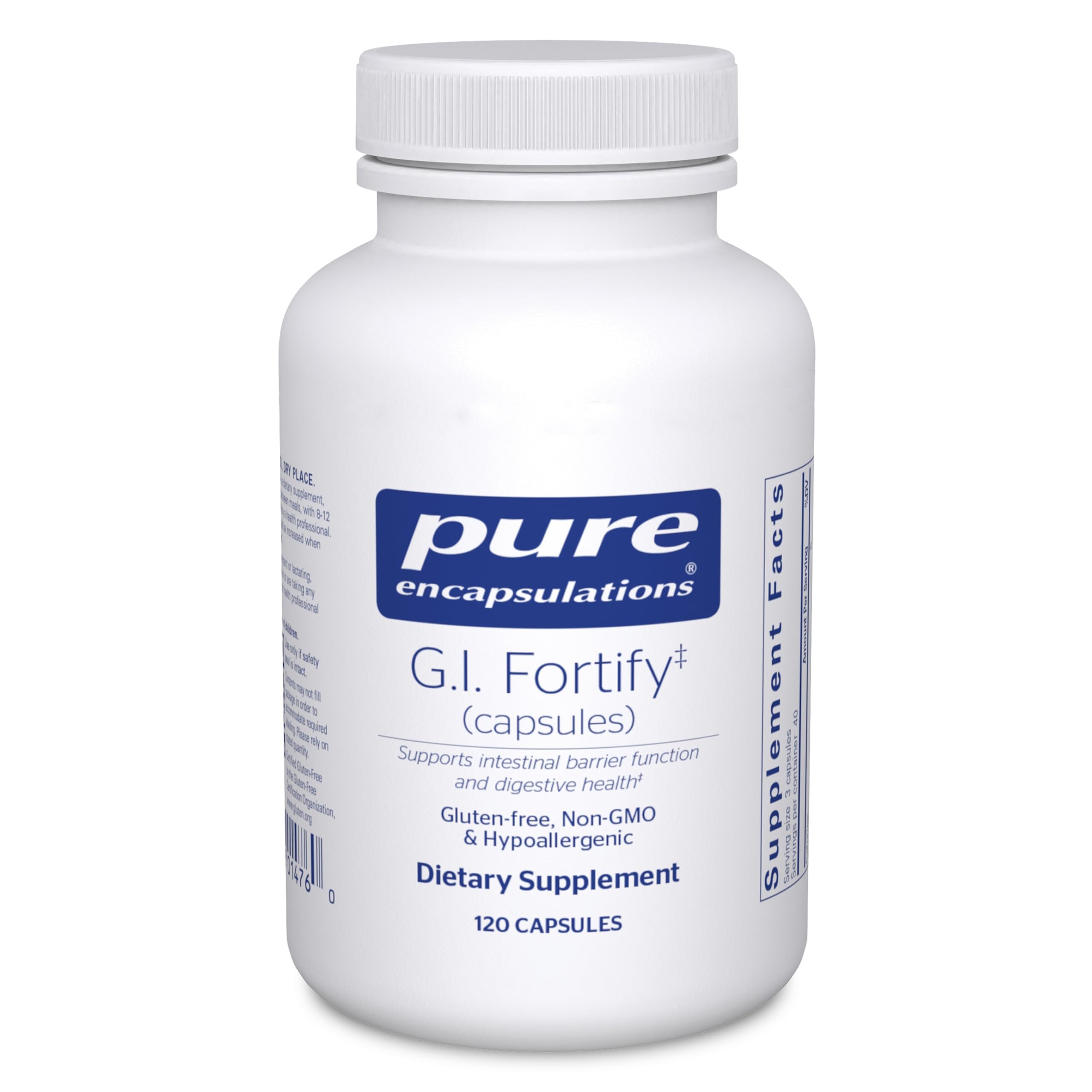 Pure Encapsulations GI Fortify capsules bottle shown for daily gut support and fiber benefits.