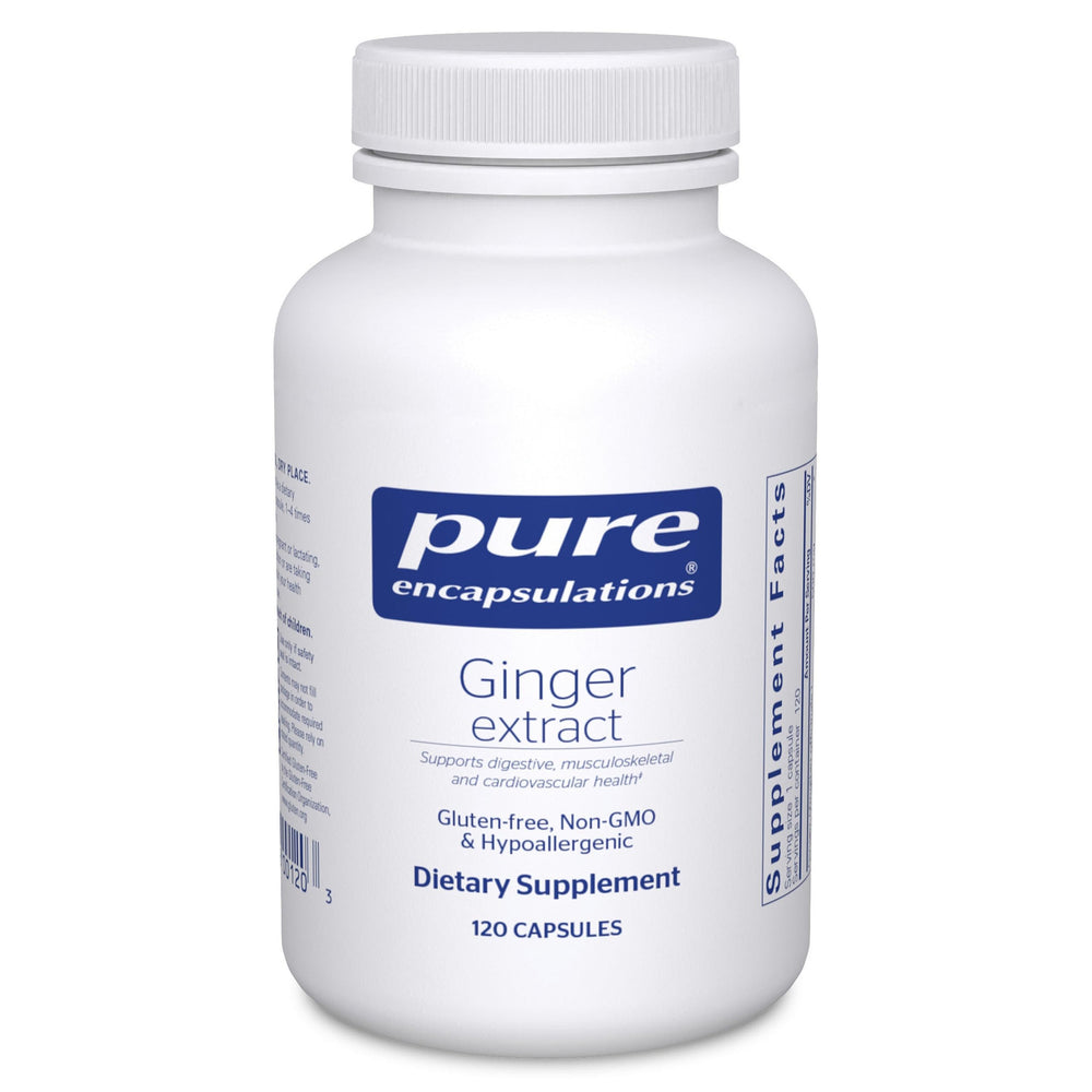 Pure Encapsulations Ginger Extract bottle label highlights digestive support.
