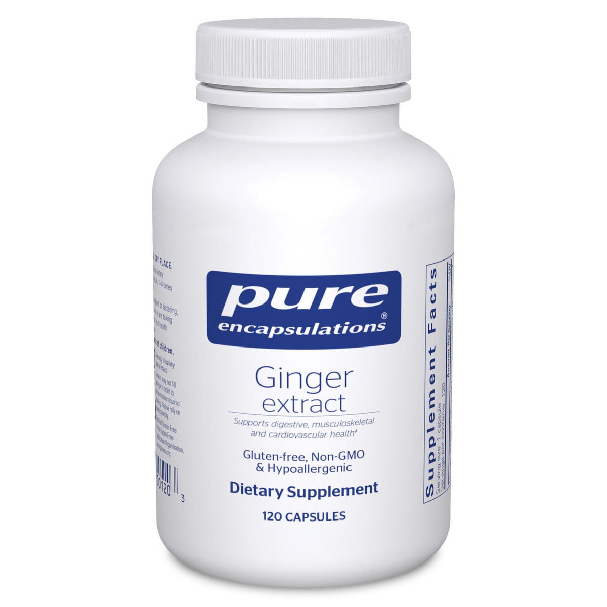 Pure Encapsulations Ginger Extract bottle label highlights digestive support.