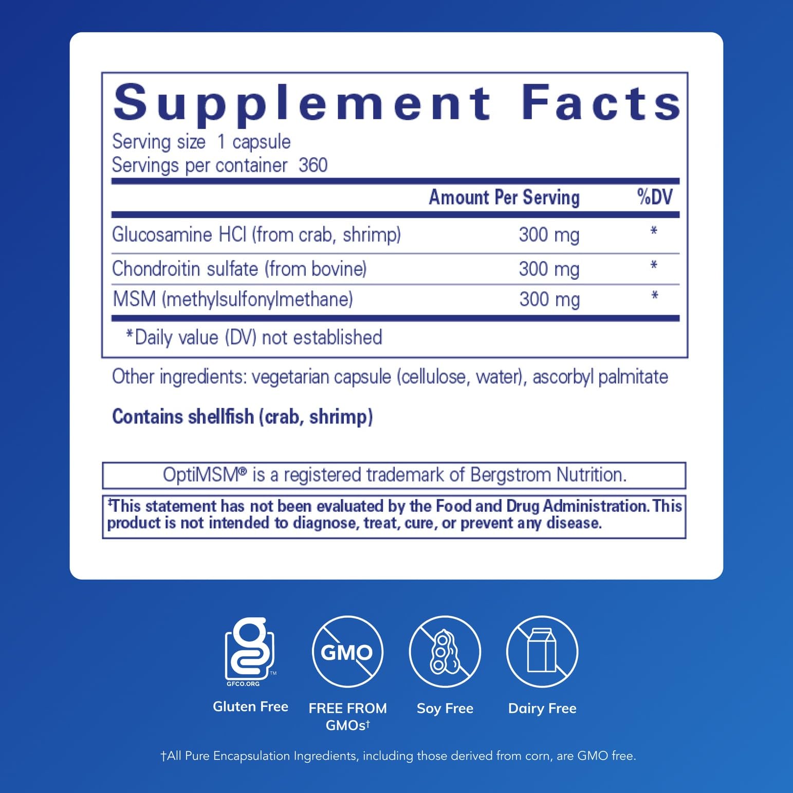 Pure Encapsulations glucosamine chondroitin msm label close-up showing purity