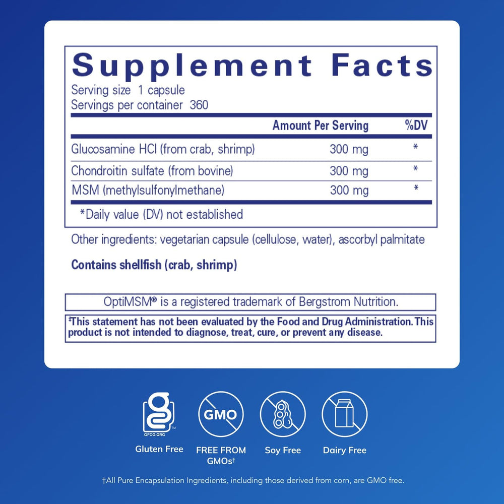 Pure Encapsulations glucosamine chondroitin msm label close-up showing purity