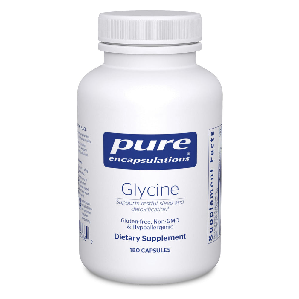 Pure Encapsulations Glycine capsules bottle on table suggesting sleep support