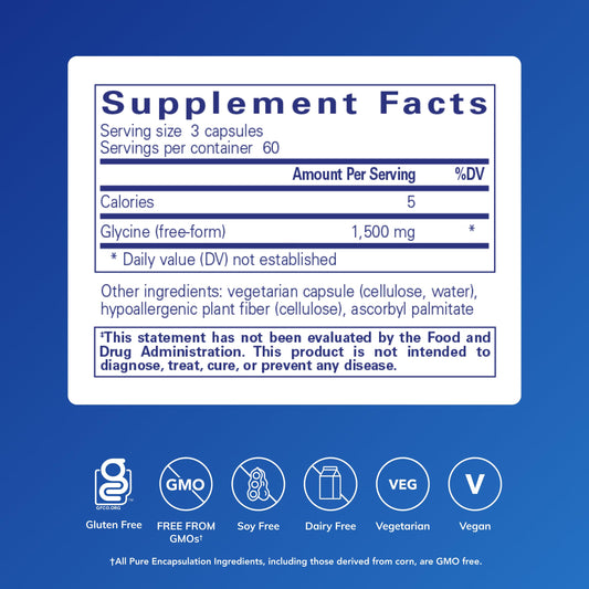 Pure Encapsulations Glycine capsules close-up showing smooth texture for nighttime use