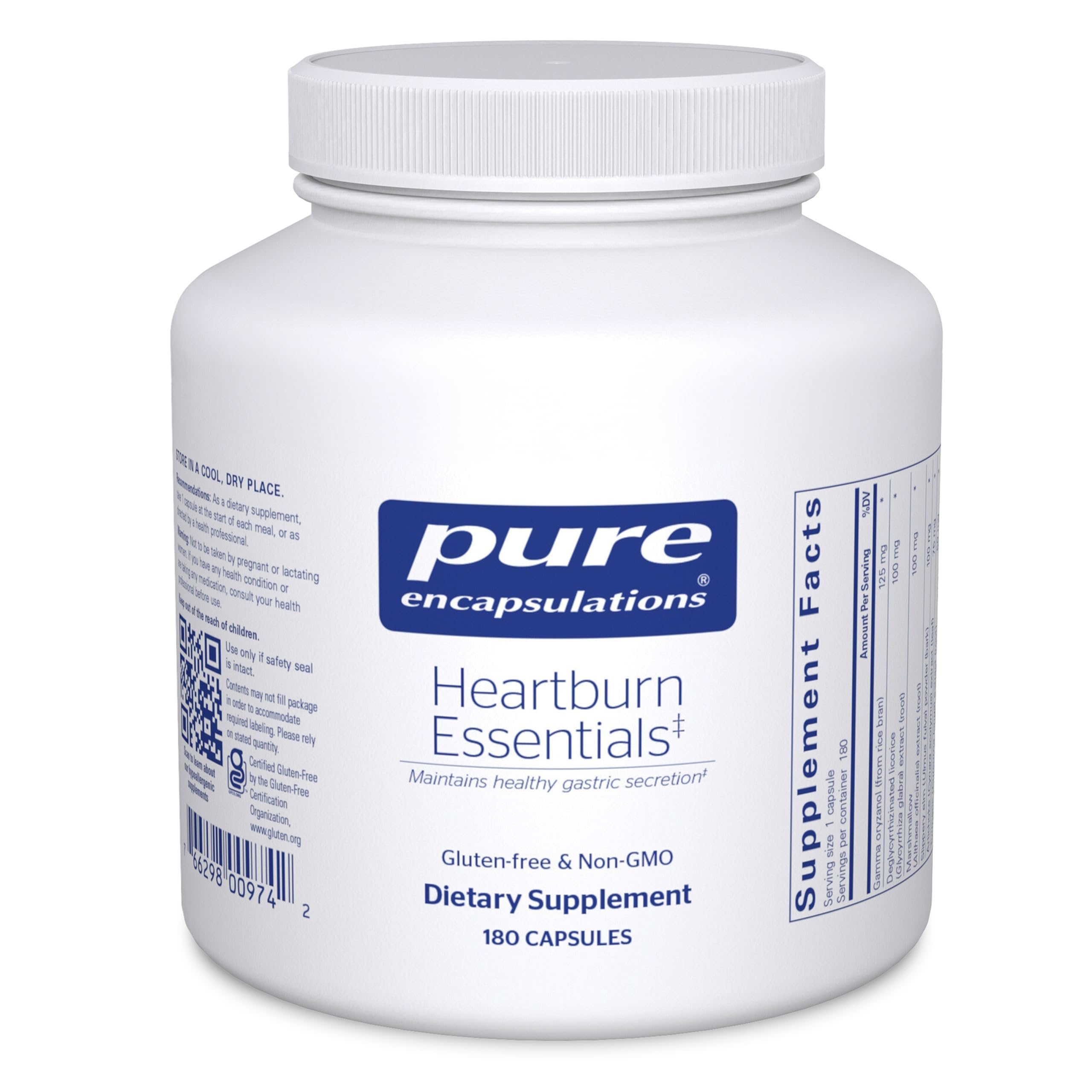 Pure Encapsulations Heartburn Essentials bottle pour for daily digestive support.