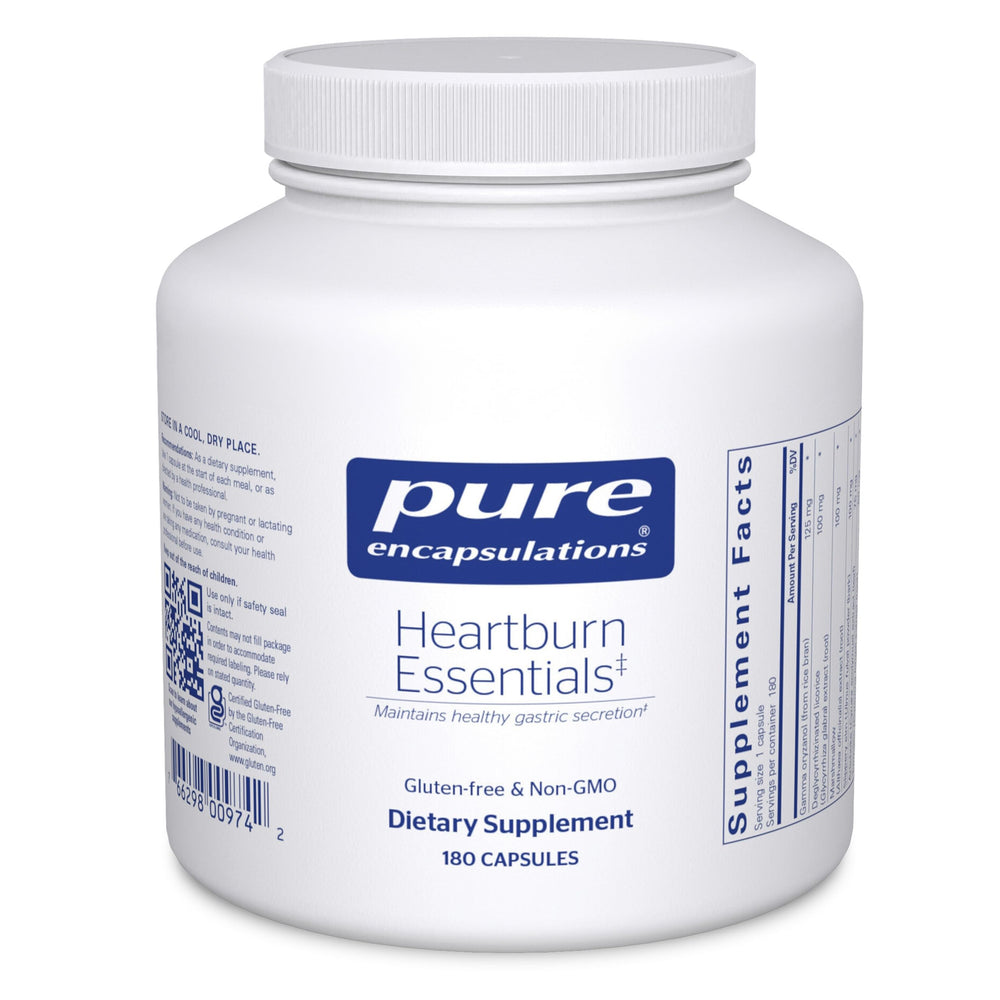 Pure Encapsulations Heartburn Essentials bottle pour for daily digestive support.