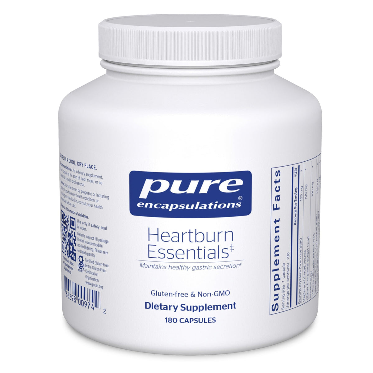 Pure Encapsulations Heartburn Essentials bottle pour for daily digestive support.