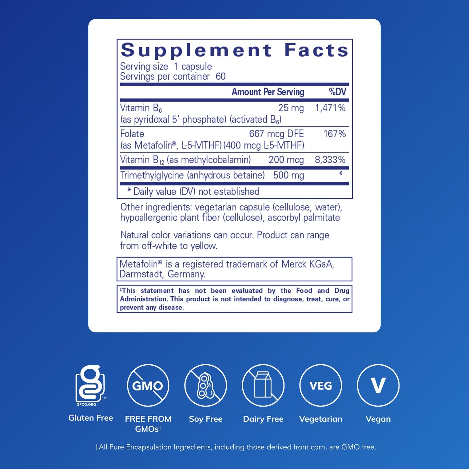 Pure Encapsulations Homocysteine Factors bottle back with hypoallergenic formula details