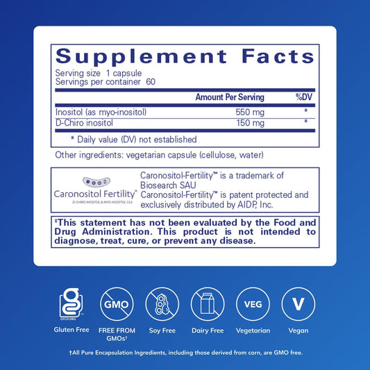 Pure Encapsulations Inositol Complex capsules-closeup highlighting easy-to-swallow form