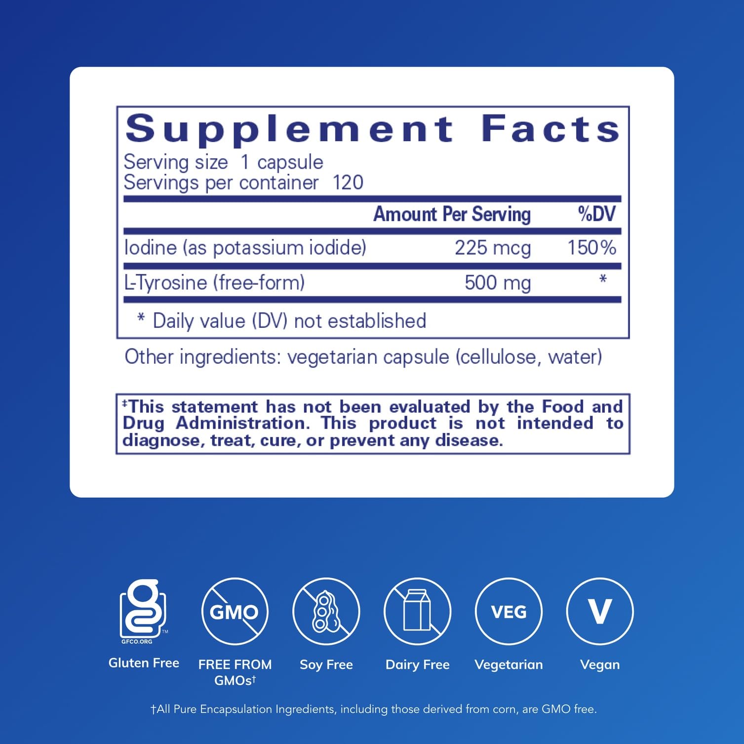 Pure Encapsulations Iodine & Tyrosine bottle back label highlights allergen-free ingredients