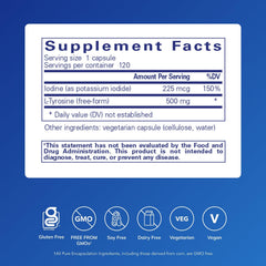Pure Encapsulations Iodine & Tyrosine bottle back label highlights allergen-free ingredients