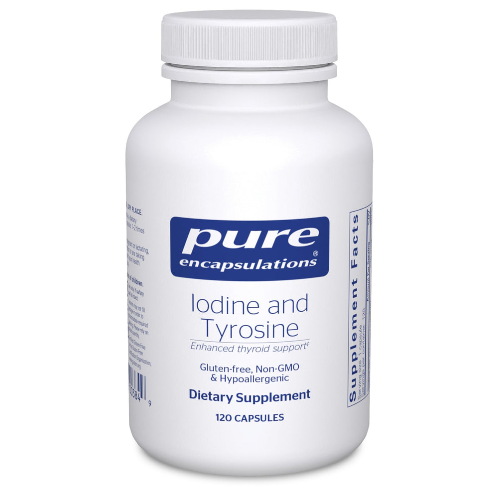 Pure Encapsulations Iodine & Tyrosine bottle front shows hypoallergenic thyroid support