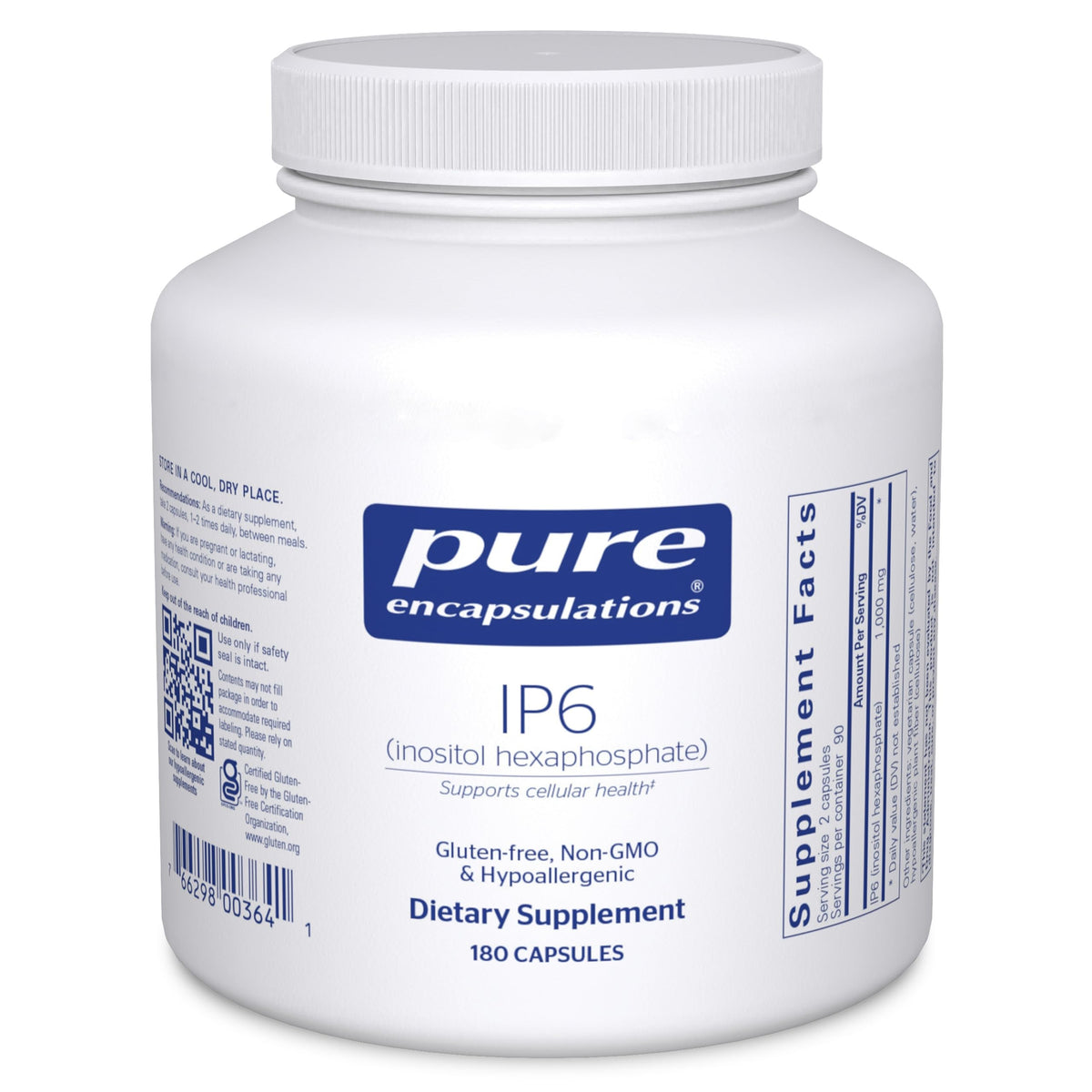 Pure Encapsulations IP6 bottle label highlighting antioxidant support for daily wellness