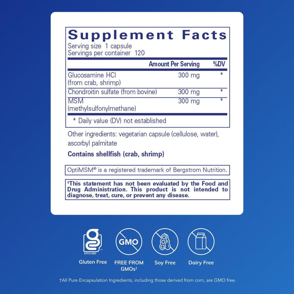Pure Encapsulations glucosamine chondroitin MSM bottle close-up highlights joint health.