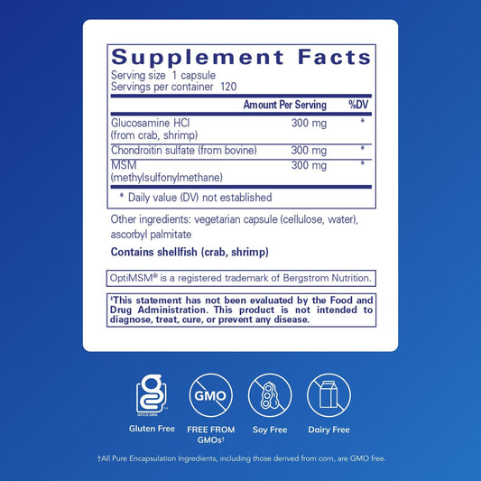 Pure Encapsulations glucosamine chondroitin MSM bottle close-up highlights joint health.