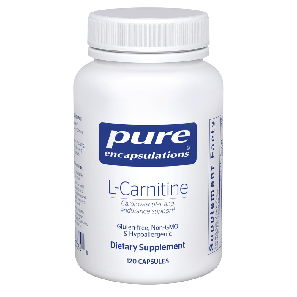 Pure Encapsulations L-Carnitine bottle-front for endurance support and allergen-free formulation.