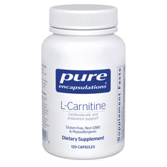 Pure Encapsulations L-Carnitine bottle-front for endurance support and allergen-free formulation.