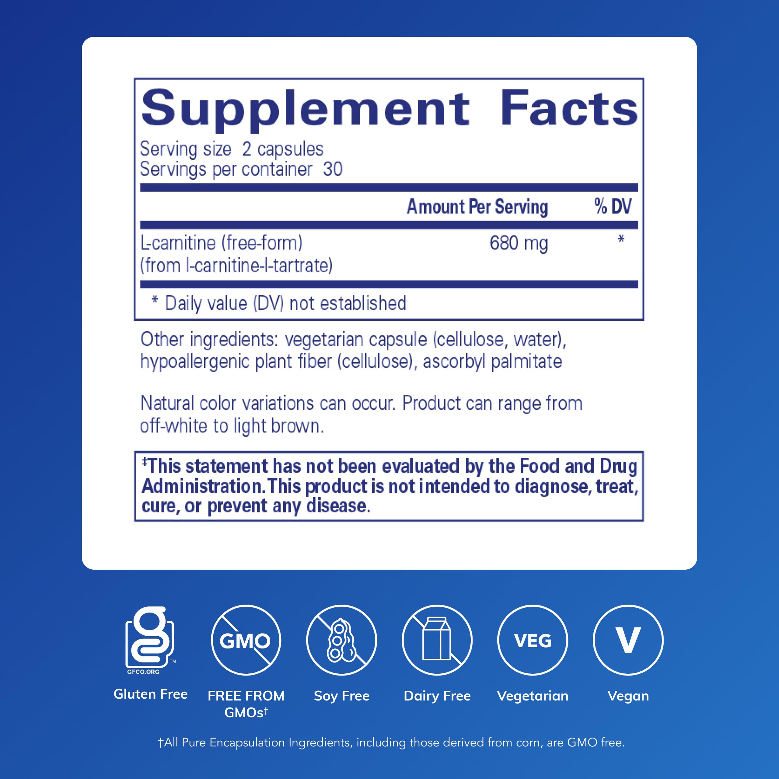 Close-up of Pure Encapsulations L-Carnitine capsules, highlighting hypoallergenic, pure ingredient formula.