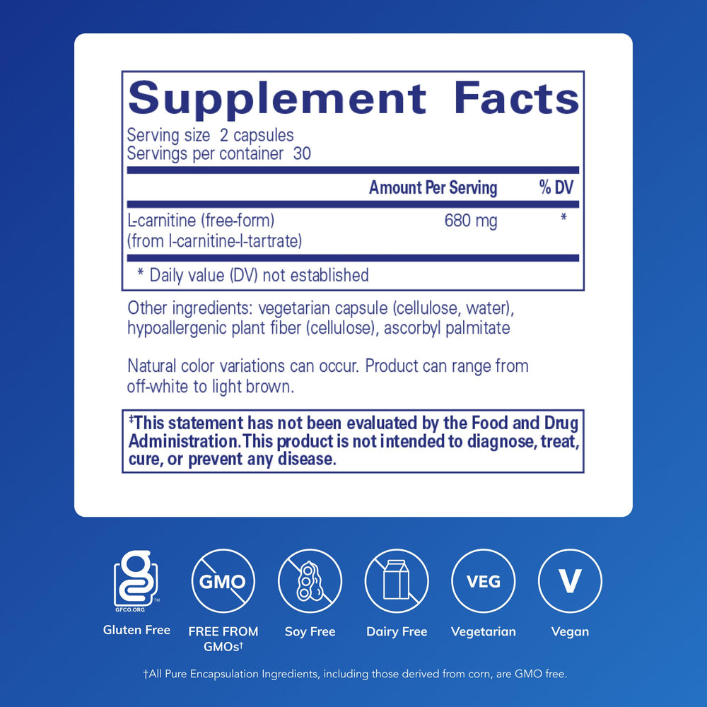 Close-up of Pure Encapsulations L-Carnitine capsules, highlighting hypoallergenic, pure ingredient formula.