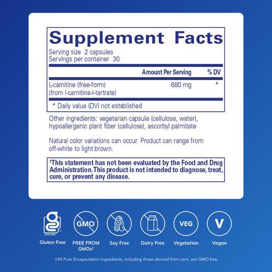 Close-up of Pure Encapsulations L-Carnitine capsules, highlighting hypoallergenic, pure ingredient formula.