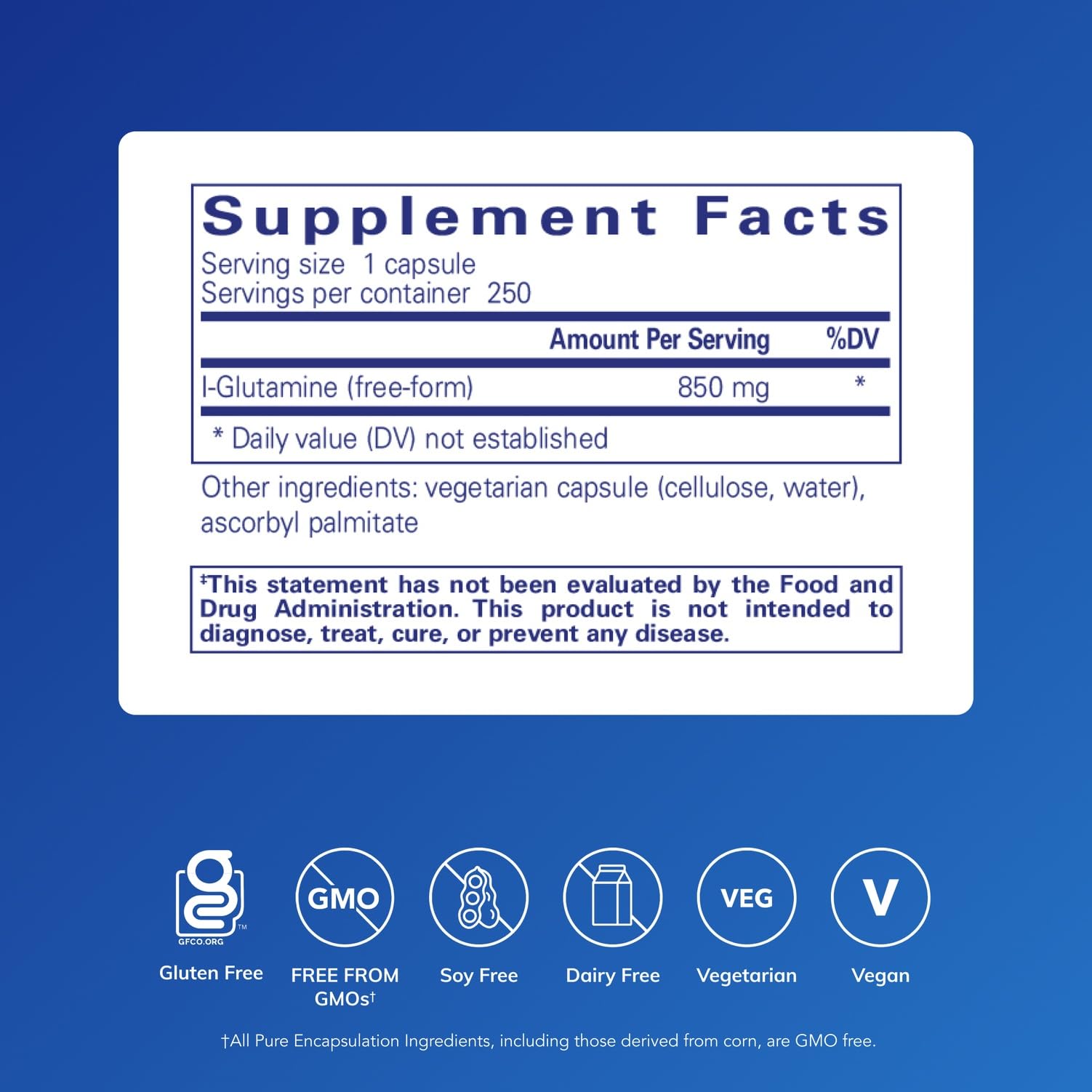 Closeup of Pure Encapsulations L-Glutamine capsules for easy daily use