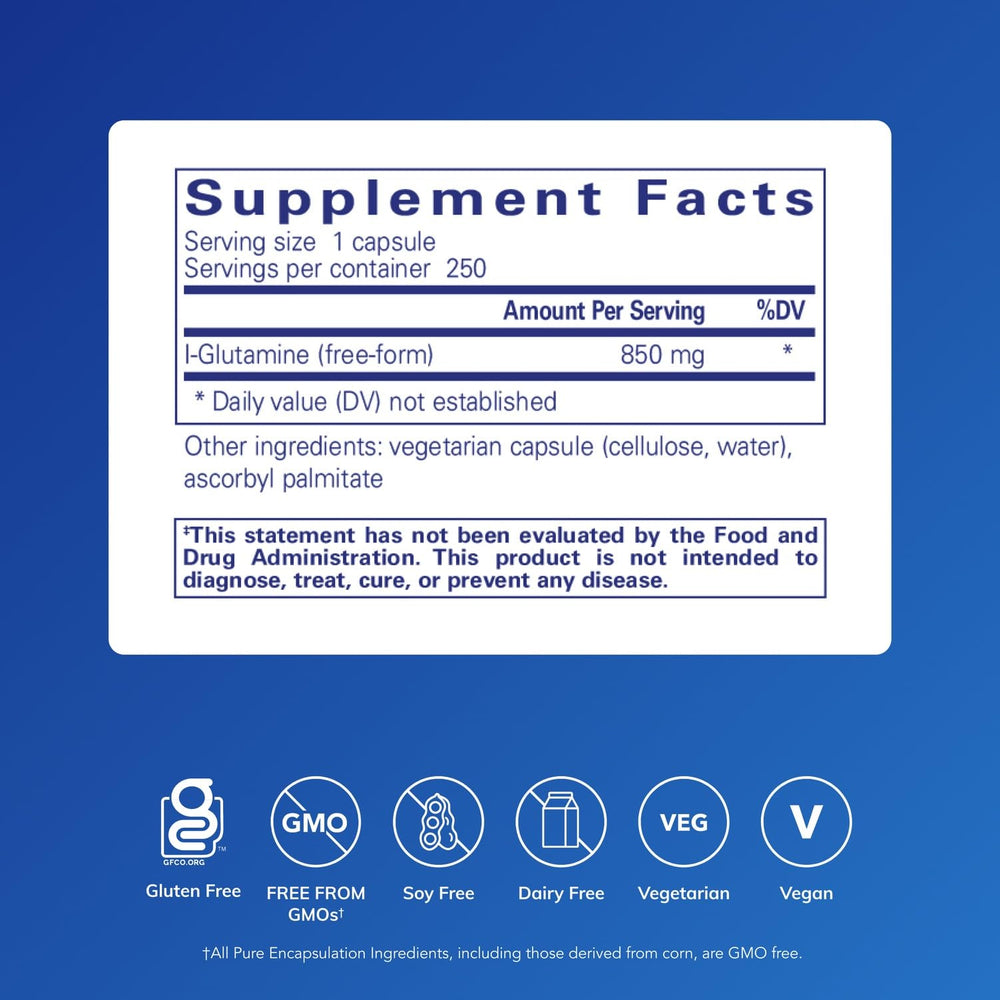 Closeup of Pure Encapsulations L-Glutamine capsules for easy daily use