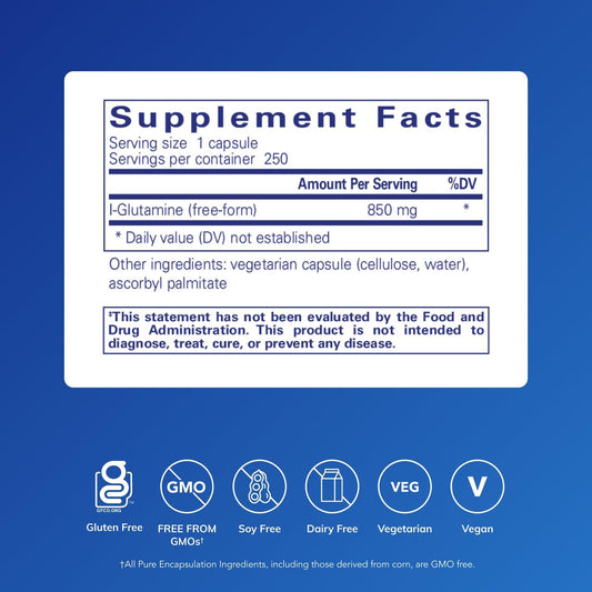 Closeup of Pure Encapsulations L-Glutamine capsules for easy daily use