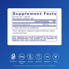 Closeup of Pure Encapsulations L-Glutamine capsules for easy daily use