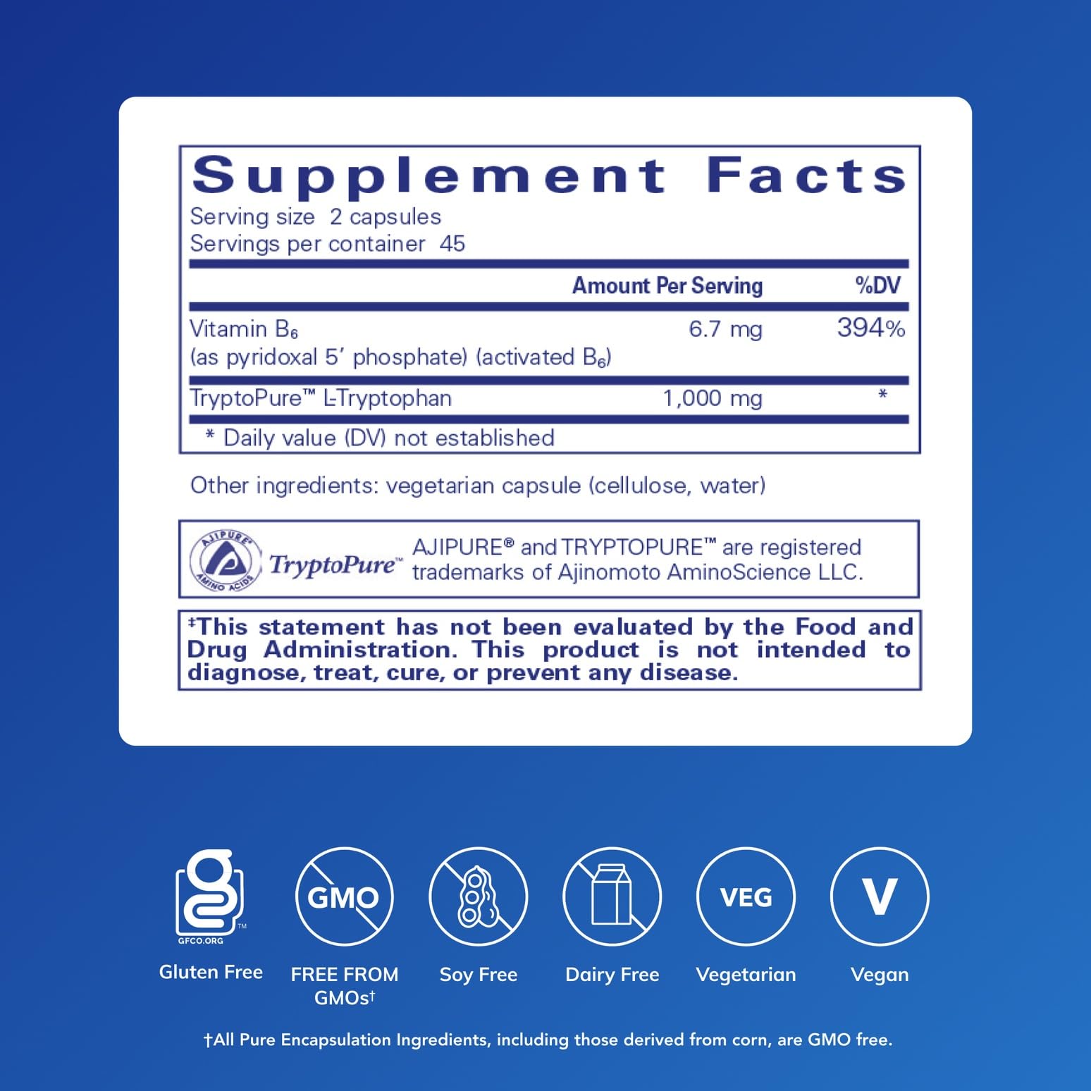Pure Encapsulations L-Tryptophan label close-up showing purity and sleep support