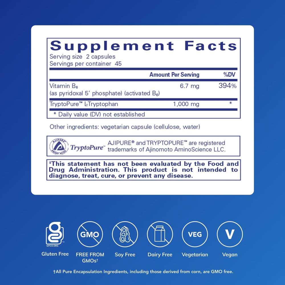 Pure Encapsulations L-Tryptophan label close-up showing purity and sleep support