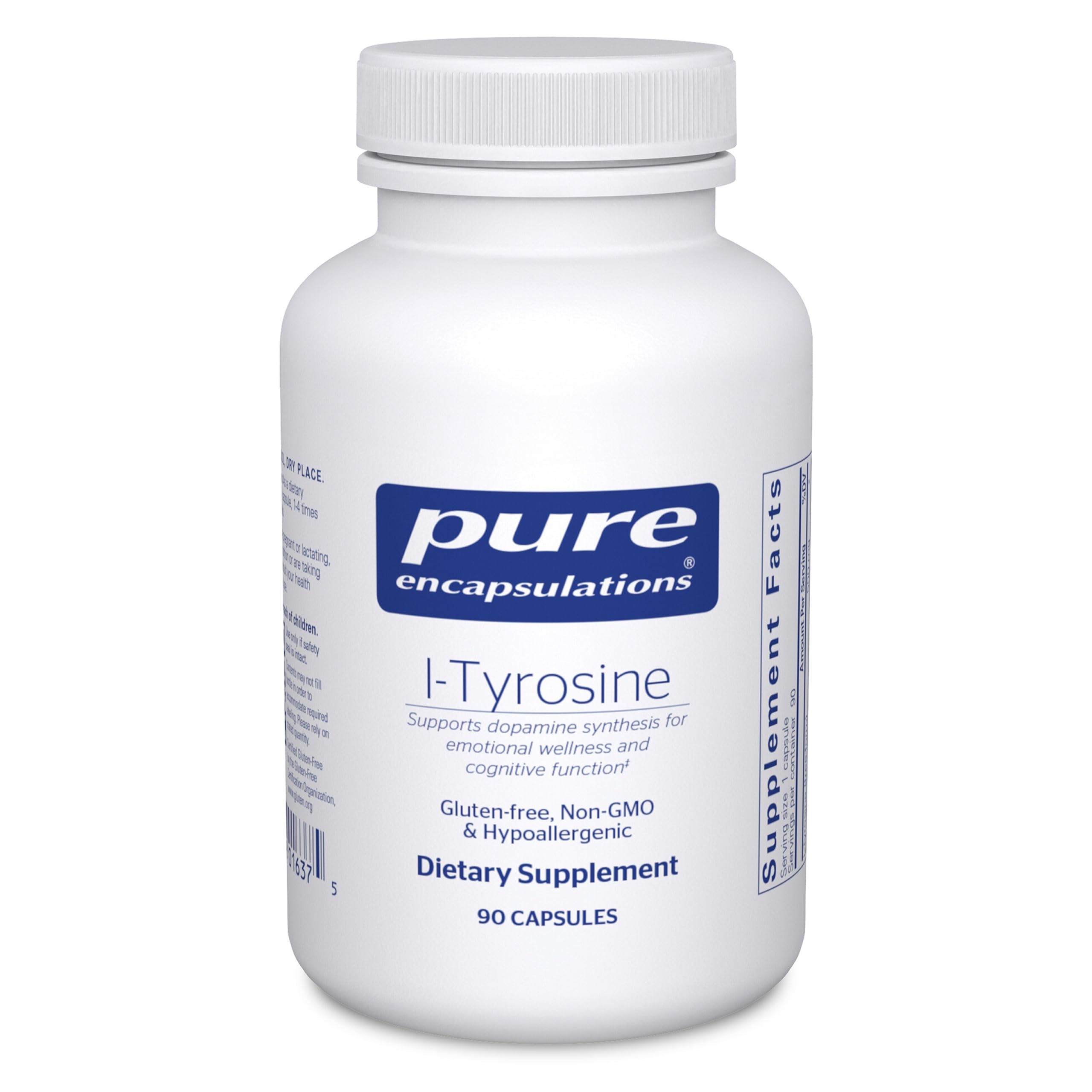 Pure Encapsulations L-Tyrosine bottle front; vegan brain-support supplement.