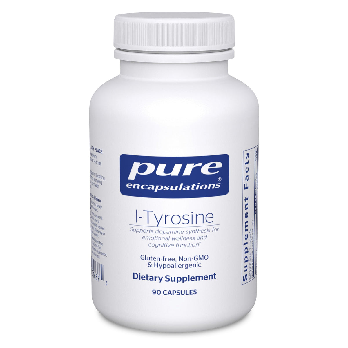 Pure Encapsulations L-Tyrosine bottle front; vegan brain-support supplement.