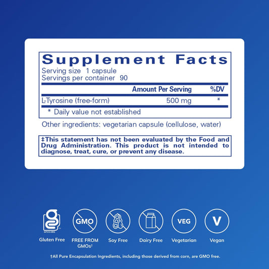 Pure Encapsulations L-Tyrosine capsules; convenient daily focus support.