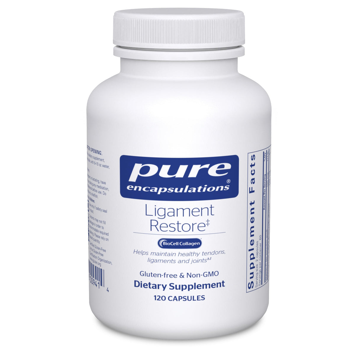Pure Encapsulations Ligament Restore bottle label highlighting joint support