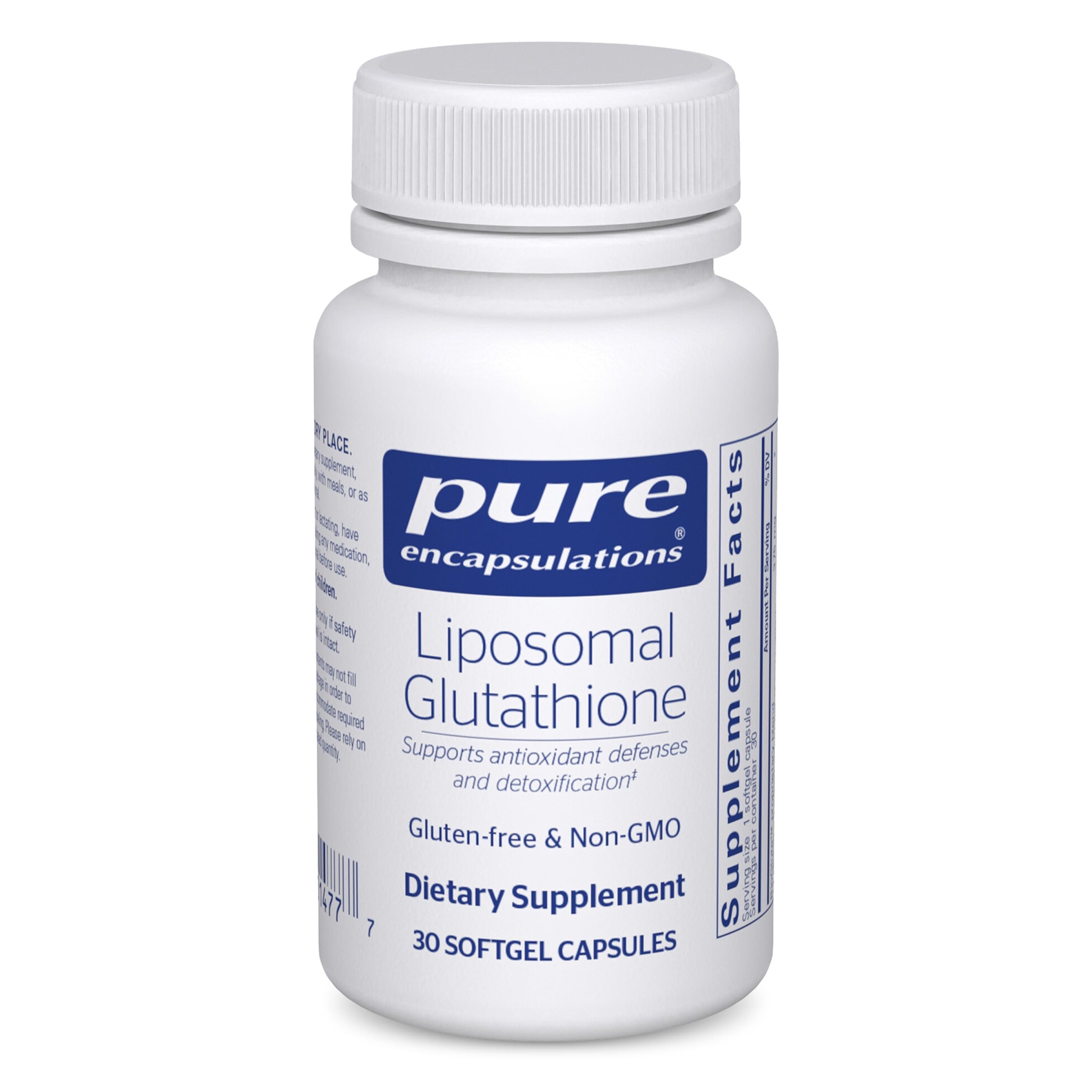 Pure Encapsulations Liposomal Glutathione bottle on a table for daily antioxidant support