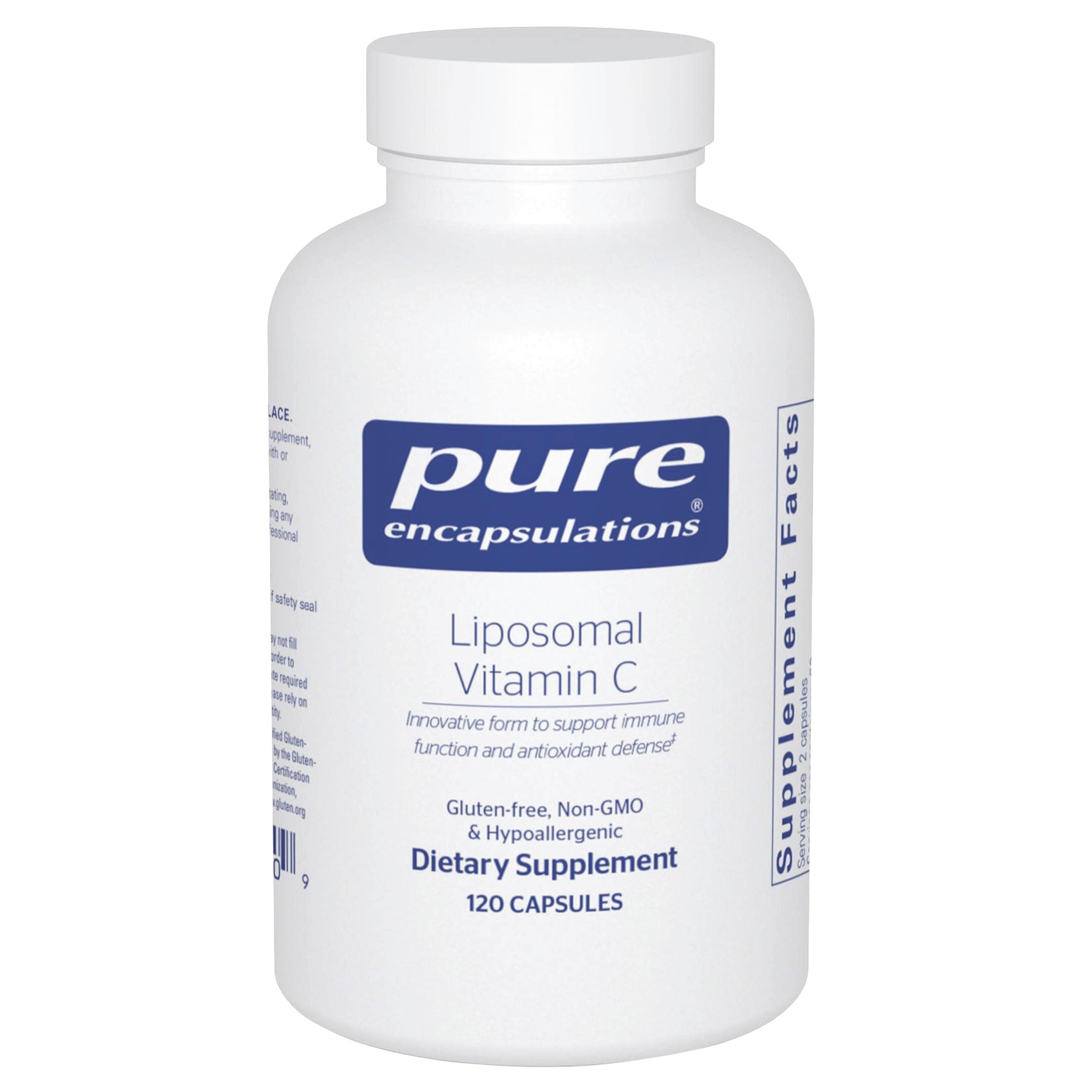 Pure Encapsulations Liposomal Vitamin C bottle for daily immune support.