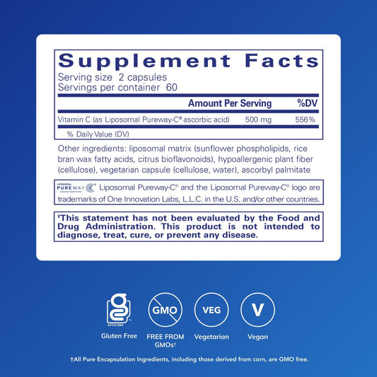Close-up of Pure Encapsulations Liposomal Vitamin C capsules for convenient daily use.