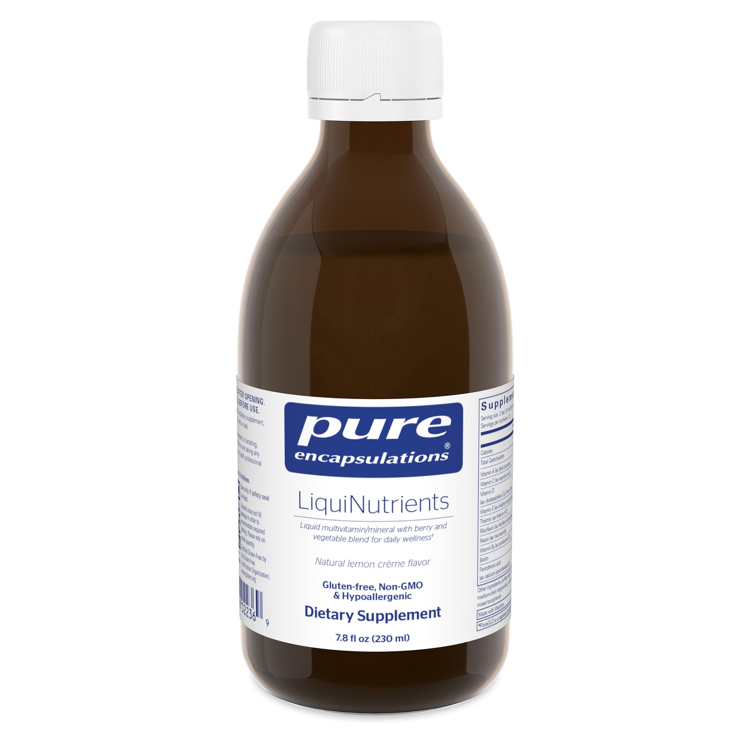 Pure Encapsulations LiquiNutrients bottle being poured for easy daily wellness.