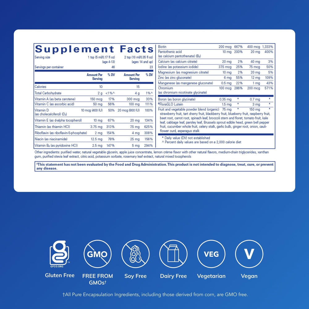 LiquiNutrients label close-up highlighting organic fruit and vegetable blend for balanced daily support.