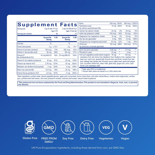 LiquiNutrients label close-up highlighting organic fruit and vegetable blend for balanced daily support.