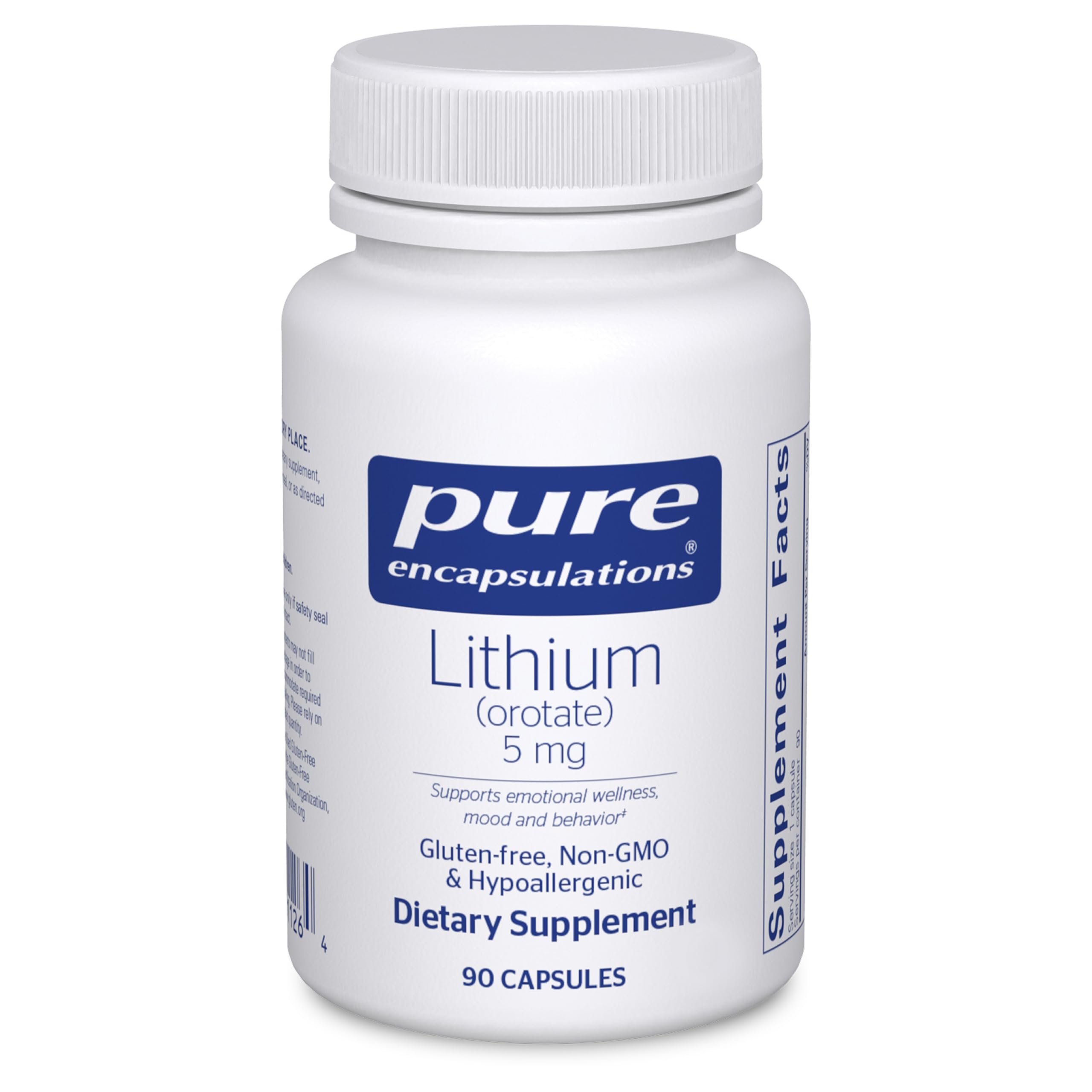 Pure Encapsulations Lithium Orotate 5 mg bottle for daily brain support.